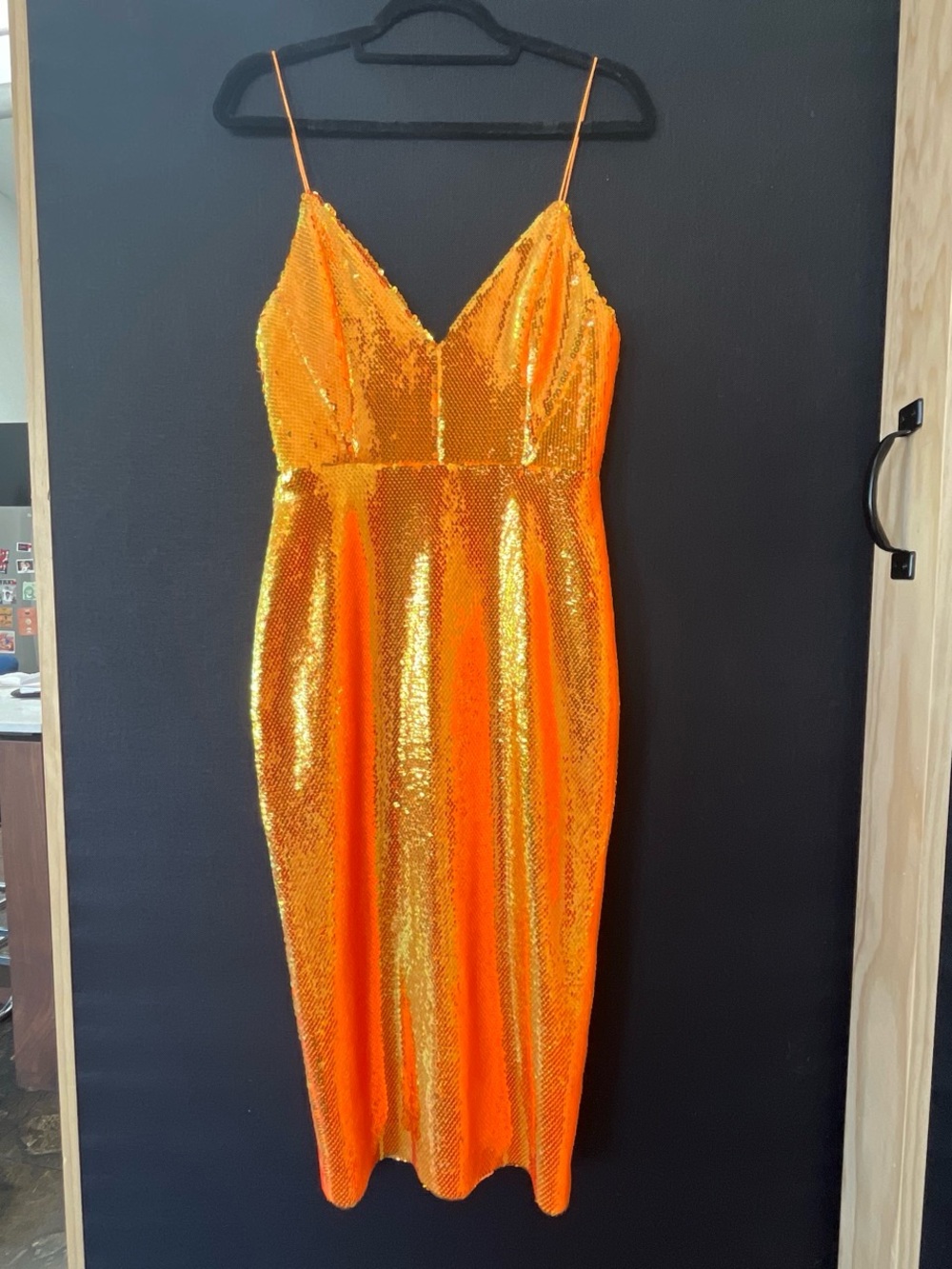 Alex Perry Addilyn Orange Sequin Spaghetti-Strap Midi Dress